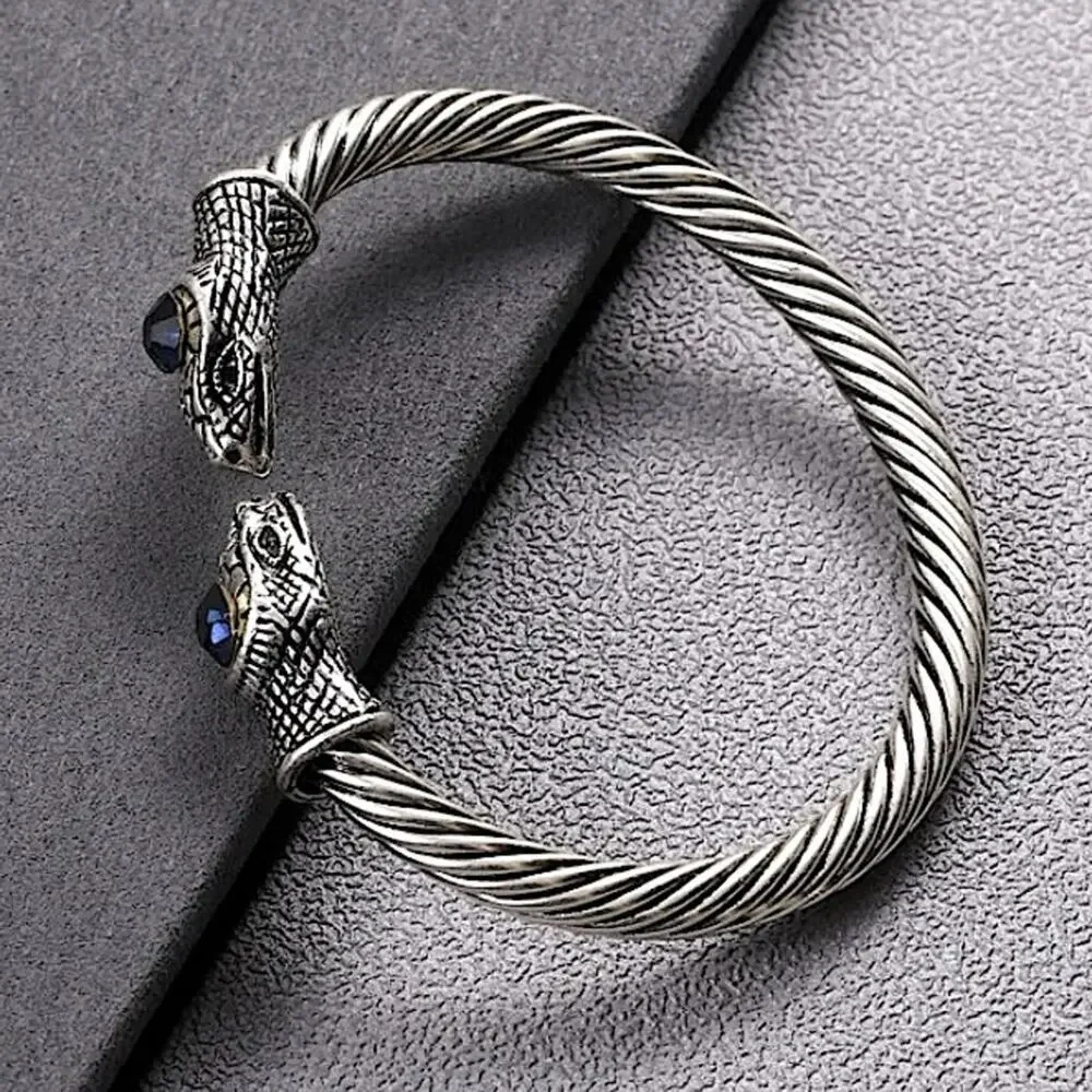 STERLING SILVER PLATED SNAKE HEAD DRAGON VIKING SAPPHIRE STONE BANGLE BRACELET